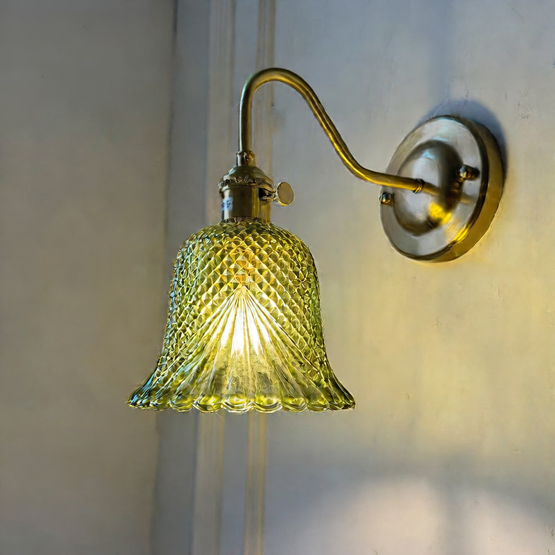 Brass Green Glass Wall Lamp | Art Deco Retro Sconce | Bedroom Cafe Bar Home Décor