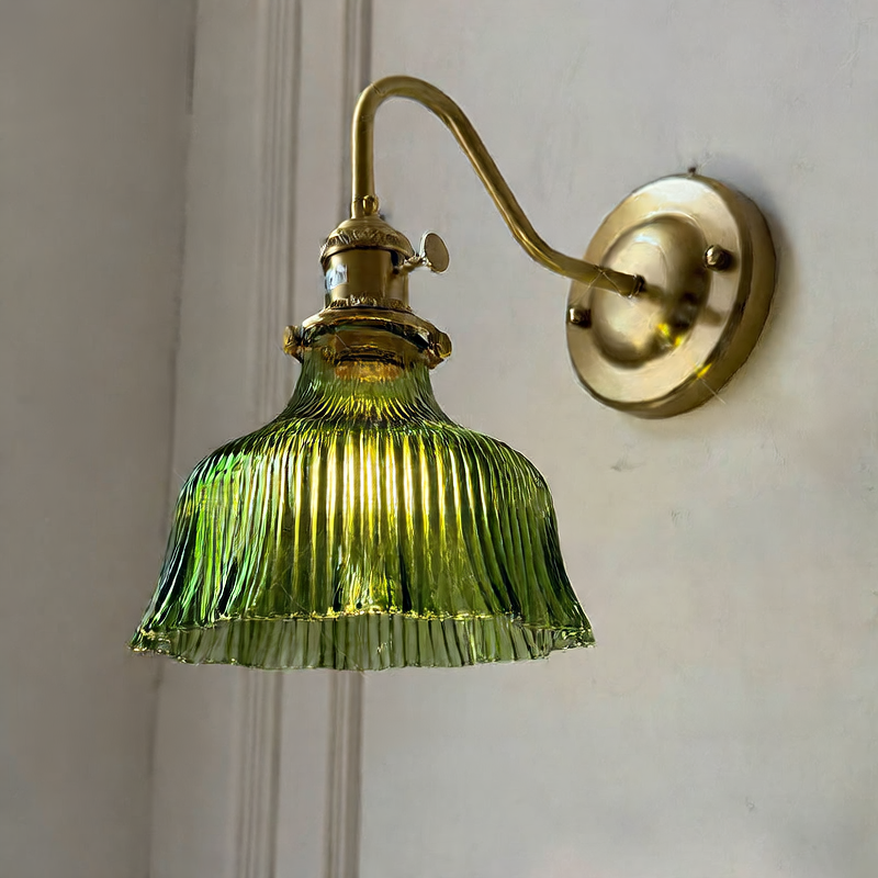 Brass Green Glass Wall Lamp | Art Deco Retro Sconce | Bedroom Cafe Bar Home Décor