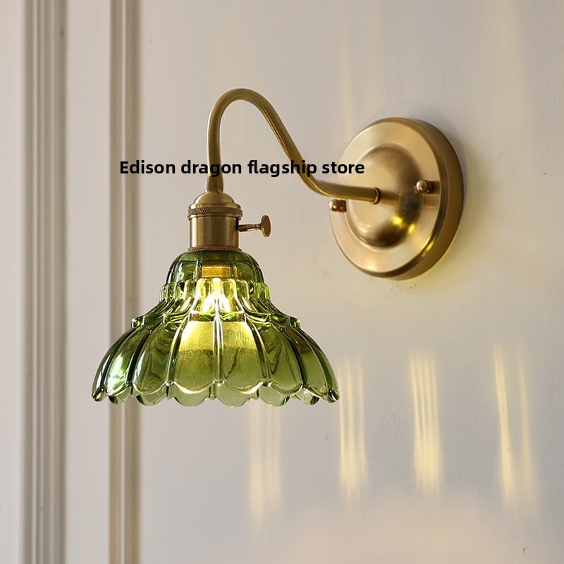 Brass Green Glass Wall Lamp | Art Deco Retro Sconce | Bedroom Cafe Bar Home Décor