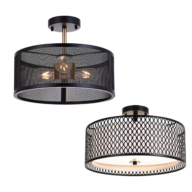 Black Iron Mesh Double-Layer Circular Ceiling Lamp | Industrial LED Pendant Light | Dining Room
