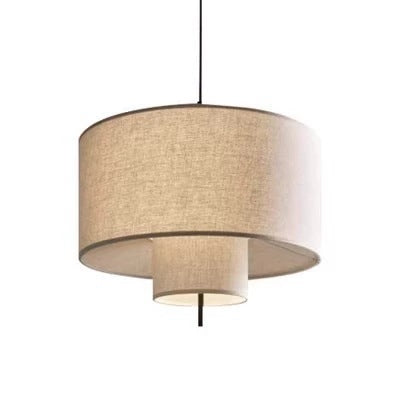 French Antique Chandelier with Fabric Lampshades | Vintage Japanese Cream Style Pendant Light