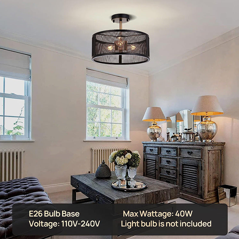 Black Iron Mesh Double-Layer Circular Ceiling Lamp | Industrial LED Pendant Light | Dining Room