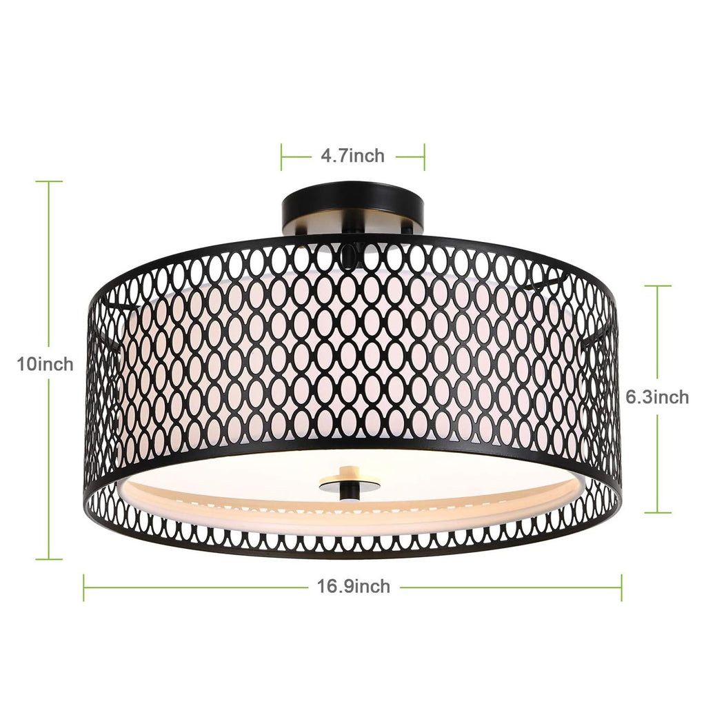 Black Iron Mesh Double-Layer Circular Ceiling Lamp | Industrial LED Pendant Light | Dining Room
