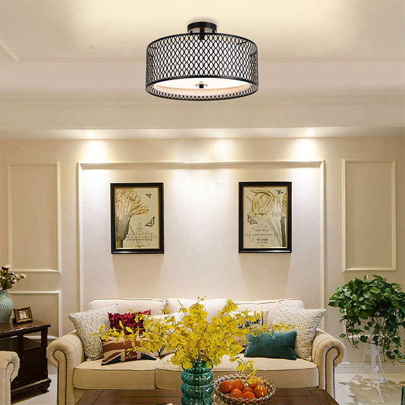 Black Iron Mesh Double-Layer Circular Ceiling Lamp | Industrial LED Pendant Light | Dining Room