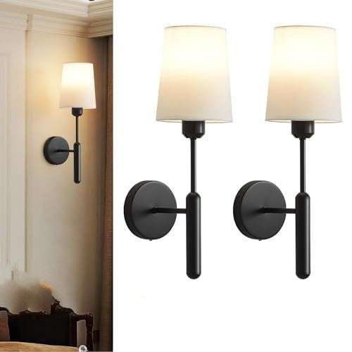Wireless Battery-Powered Wall Lamp | Fabric Shade Cordless Sconce | Bedroom Hallway Night Light