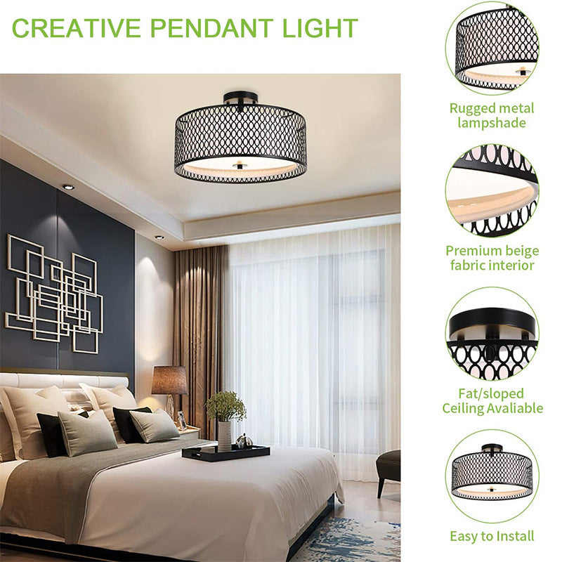 Black Iron Mesh Double-Layer Circular Ceiling Lamp | Industrial LED Pendant Light | Dining Room