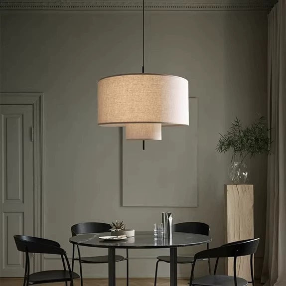 French Antique Chandelier with Fabric Lampshades | Vintage Japanese Cream Style Pendant Light