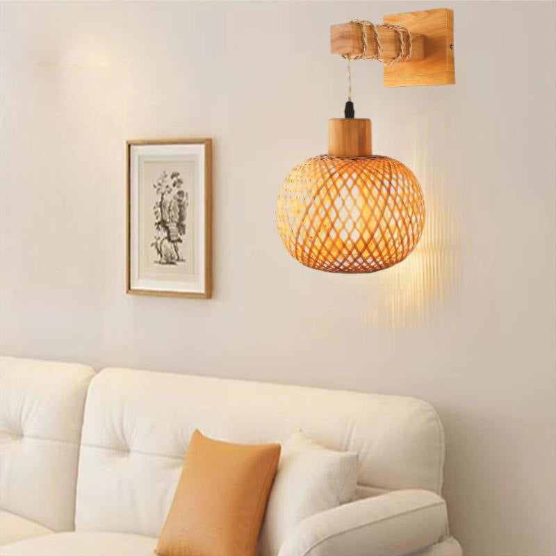 Bamboo Woven Wall Lamp Plug-In | Japanese Retro Sconce for Bedroom & Teahouse | Natural Wood