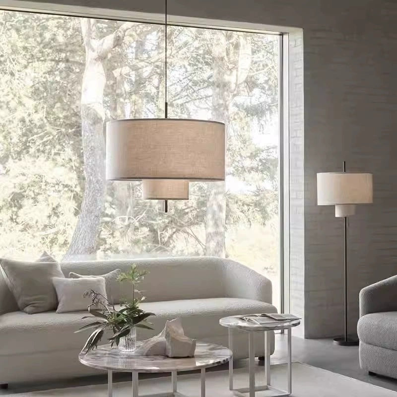 French Antique Chandelier with Fabric Lampshades | Vintage Japanese Cream Style Pendant Light
