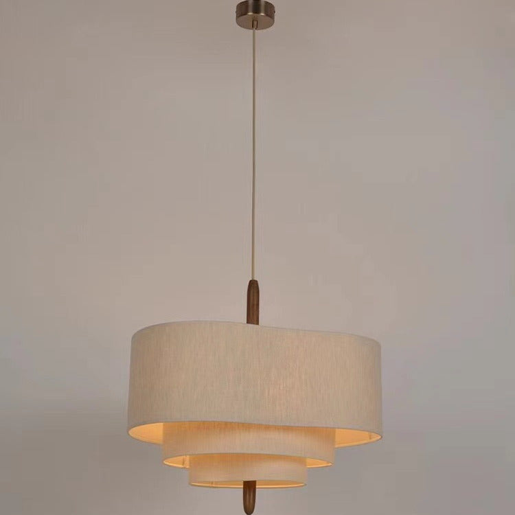 French Antique Chandelier with Fabric Lampshades | Vintage Japanese Cream Style Pendant Light