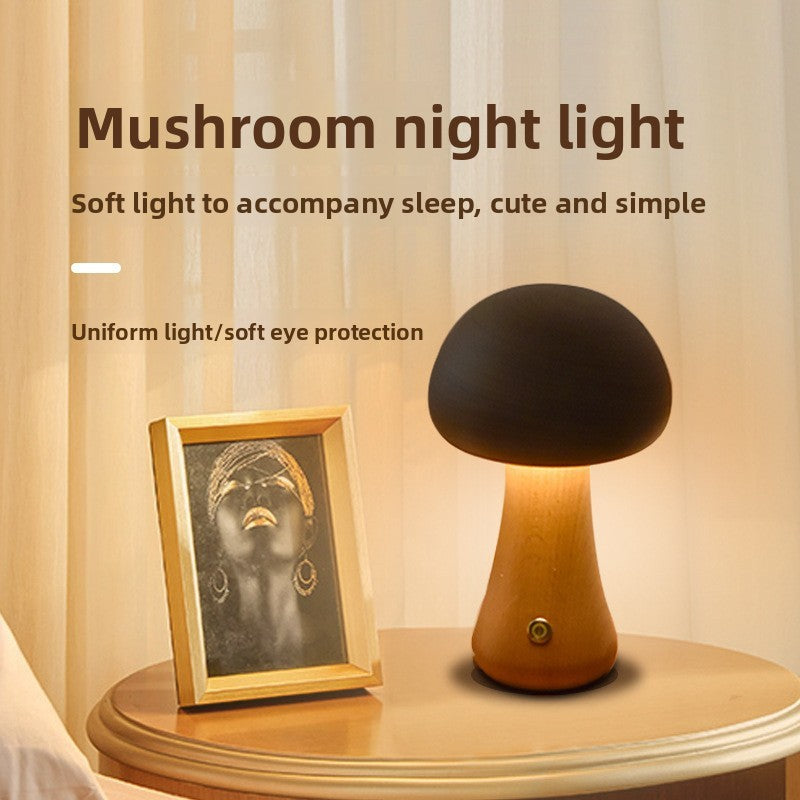 Wooden Mushroom Table Lamp USB Rechargeable Touch Night Light