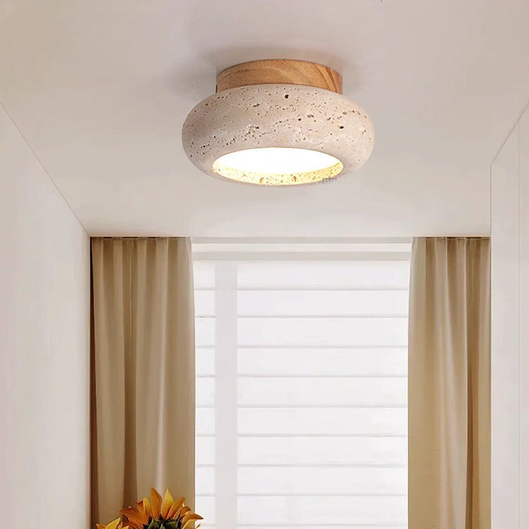 Natural Stone LED Ceiling Lamp | Travertine Texture Flush Mount | Modern Bedroom Living Room