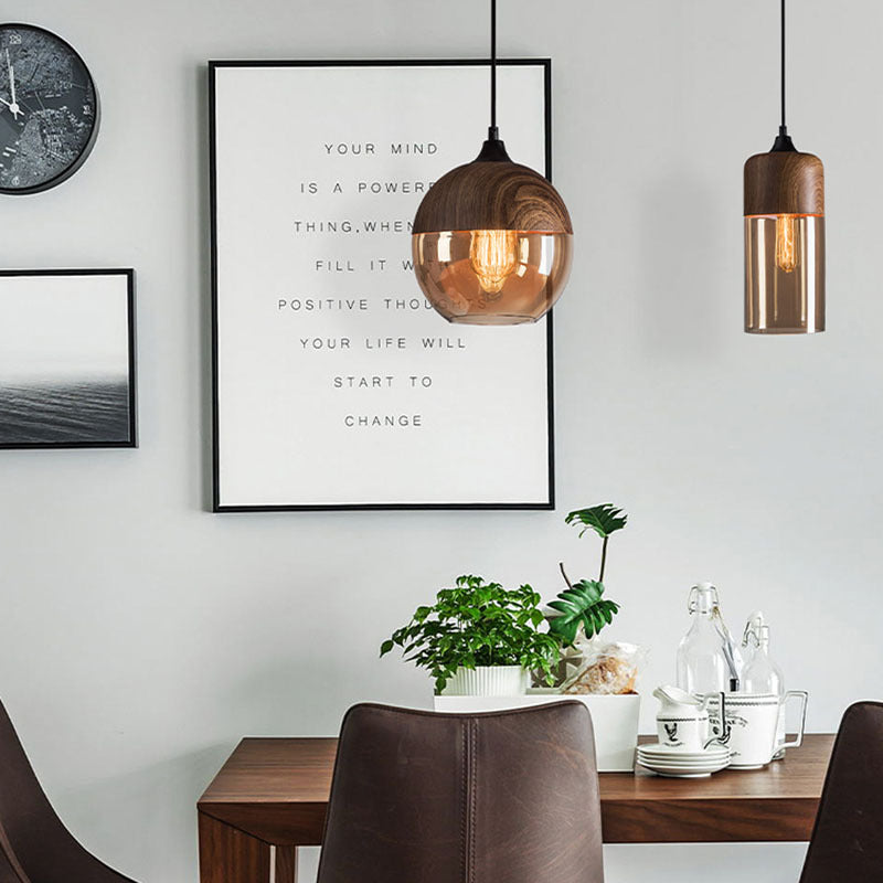 Glass Ball Chandelier | Amber Wood Grain Pendant Light | Dining Room Bar Retro Décor