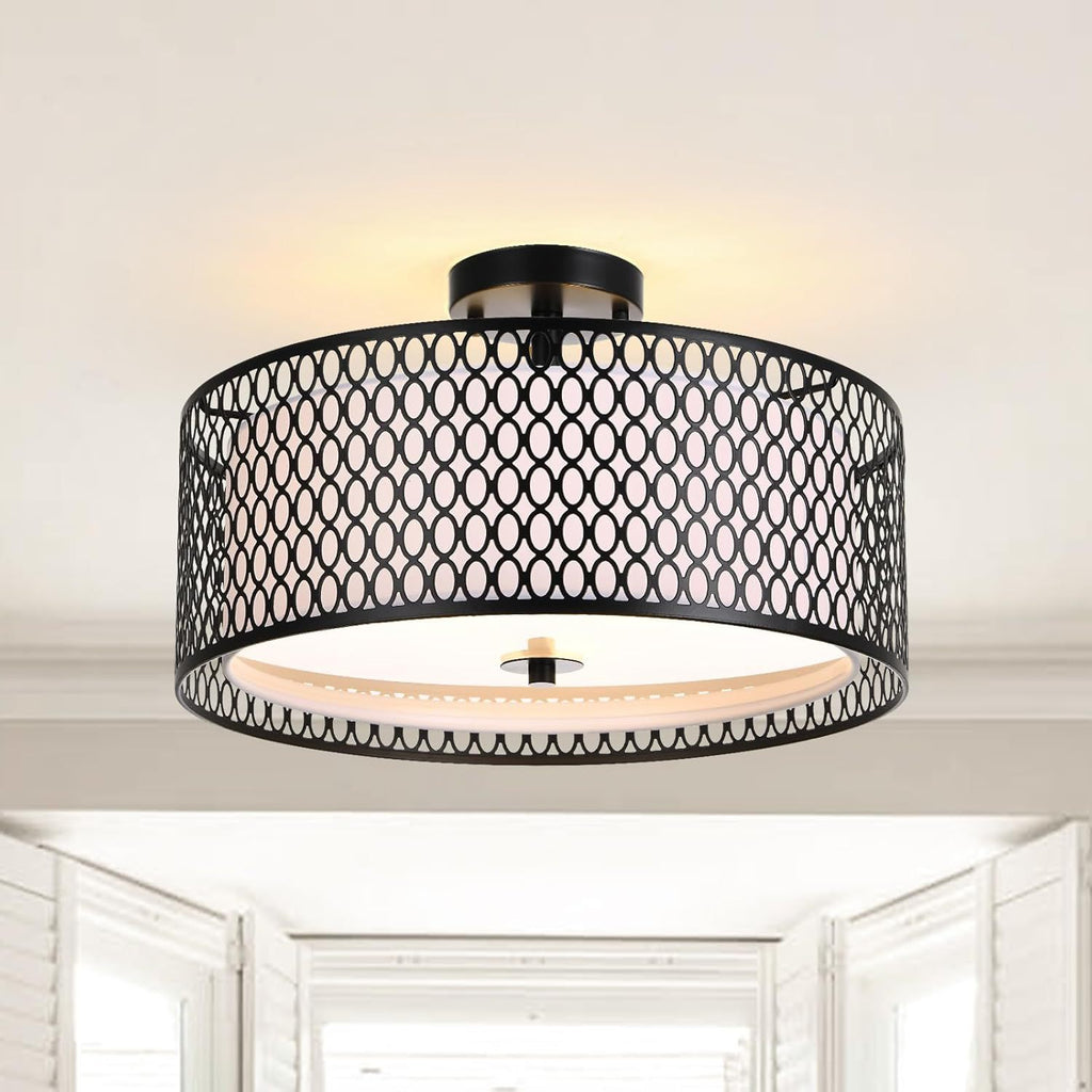 Black Iron Mesh Double-Layer Circular Ceiling Lamp | Industrial LED Pendant Light | Dining Room