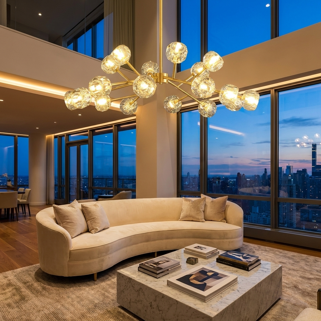 Crystal ball chandelier glowing in a luxury living room