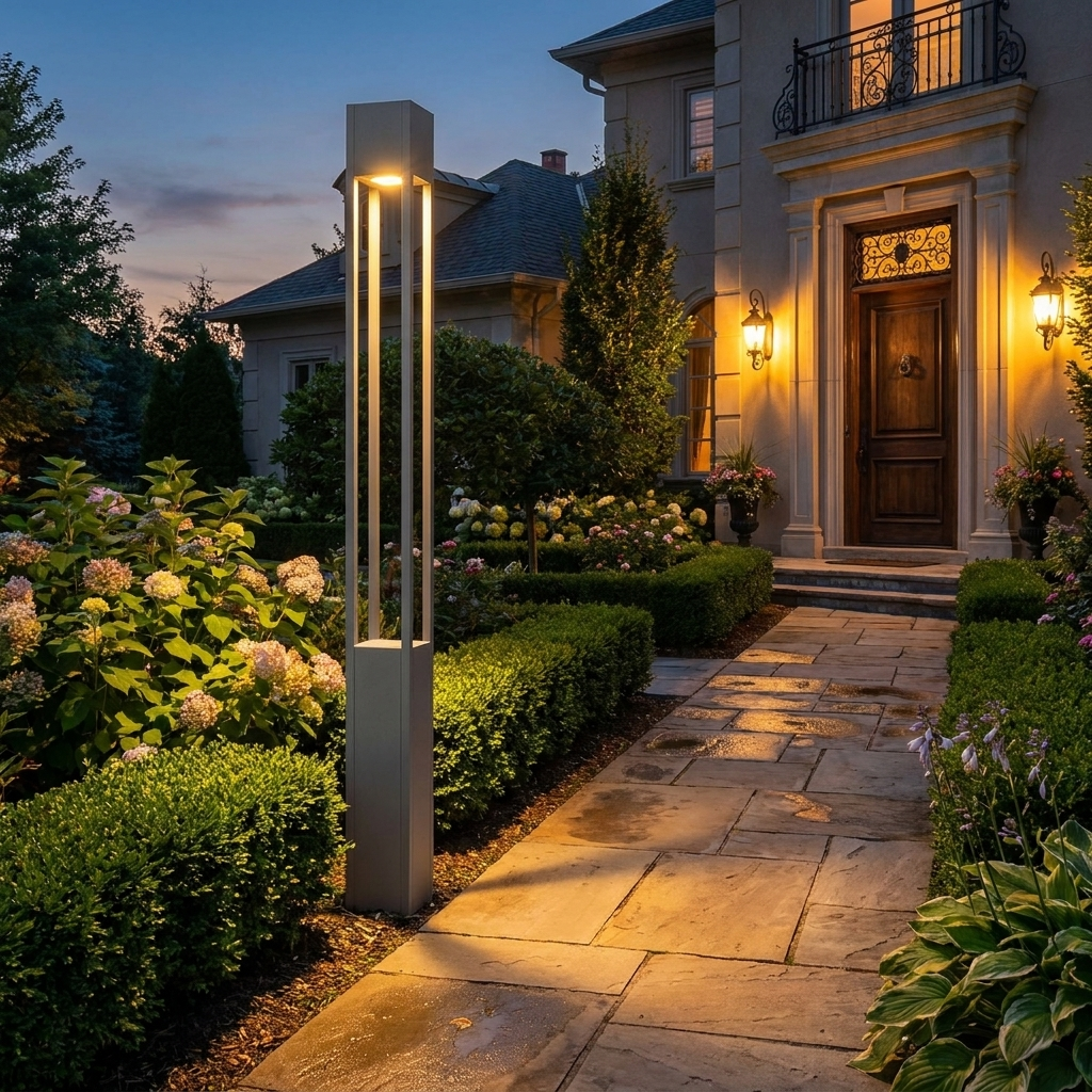 Antique LED garden lamp post lighting a path at dusk