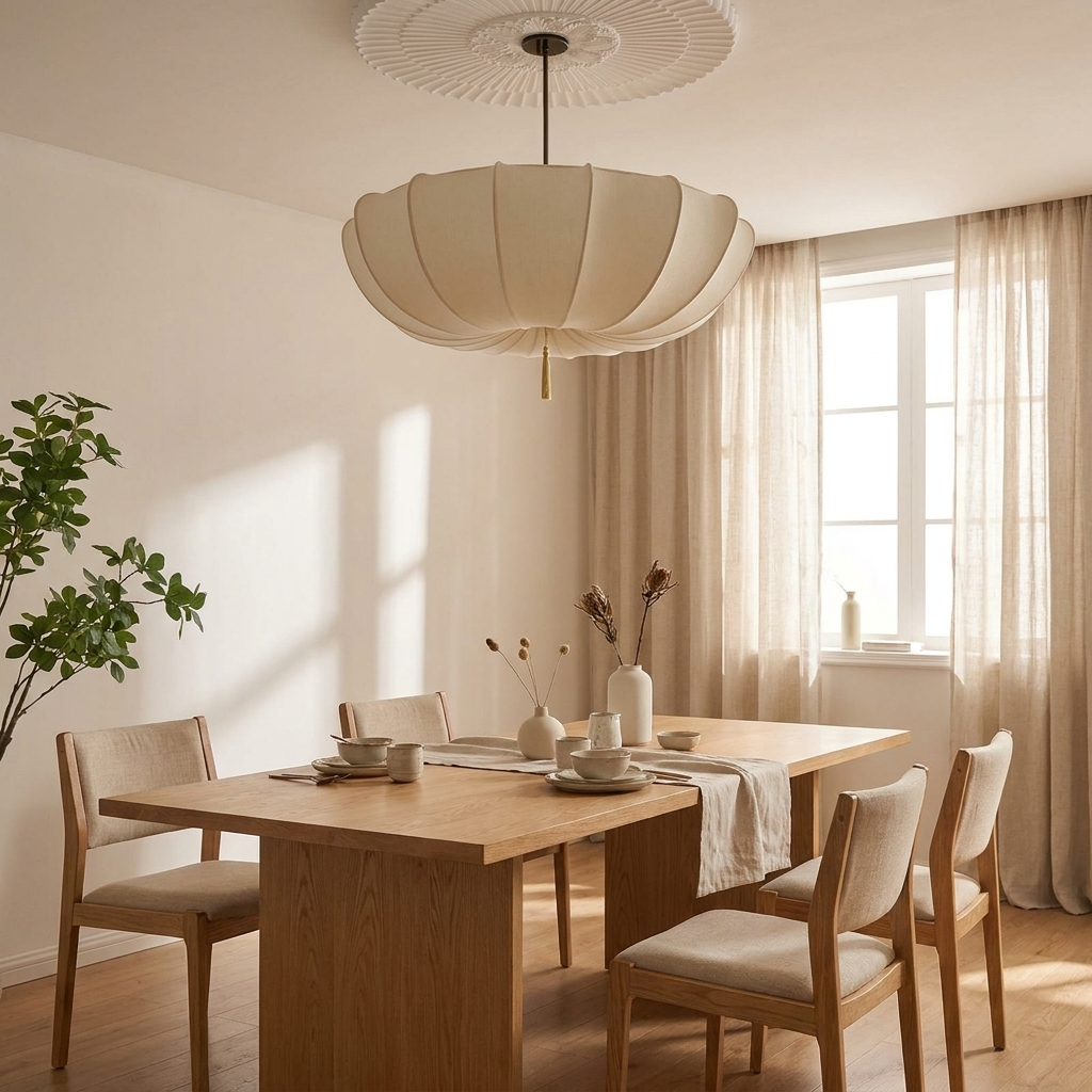 Scandinavian cream fabric chandelier over a Nordic dining table
