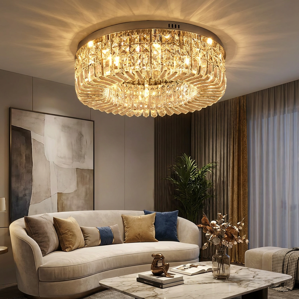 Modern Italian crystal ceiling light in a contemporary living room