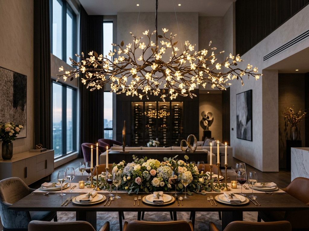 Modern Flower Branch Chandelier | Cream & Matcha Green Pendant Light | Living Room Dining Room