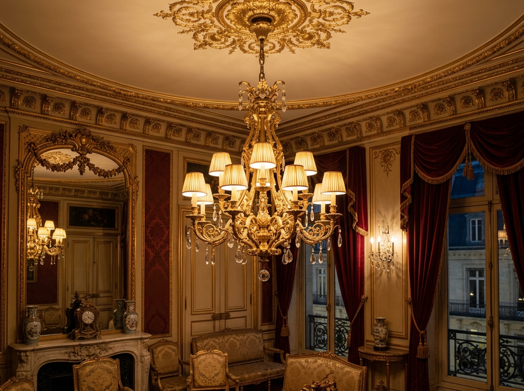 French Antique Chandelier with Fabric Lampshades | Vintage Japanese Cream Style Pendant Light