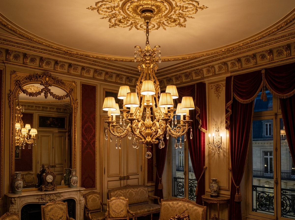 French Antique Chandelier with Fabric Lampshades | Vintage Japanese Cream Style Pendant Light