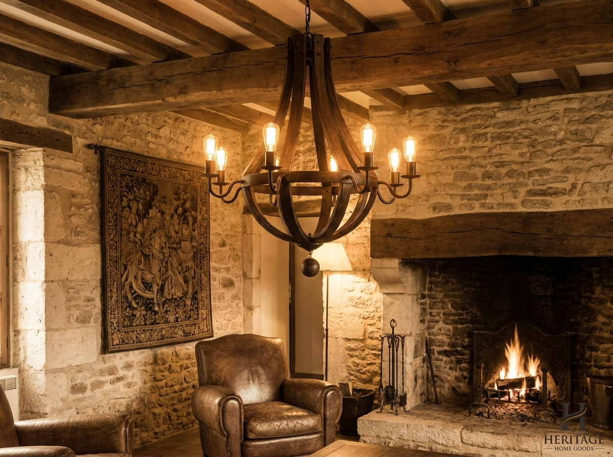 Medieval Style Solid Wood Ceiling Lamp | Rustic Vintage Flush Mount | Bedroom Living Room
